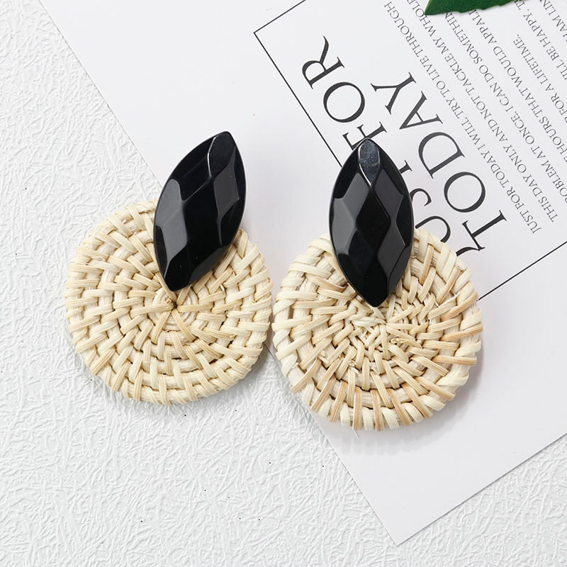 sengpan Multiple 27 Style Korea Handmade Wooden Straw Weave Rattan Vine Braid Drop Earrings New Fashion Geometric Long Earrings