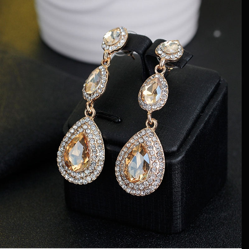 sengpan Champagne Crystal Earrings Gold Color Jewelry Fashion Female Bricons Wedding Long Big Drop Earrings For Women