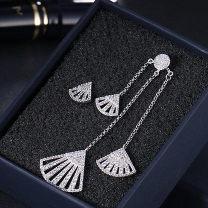 sengpan - Luxury Silver-Color With AAA+ CZ Sector Shape Long Tassel Dangle Drop Earrings for Women