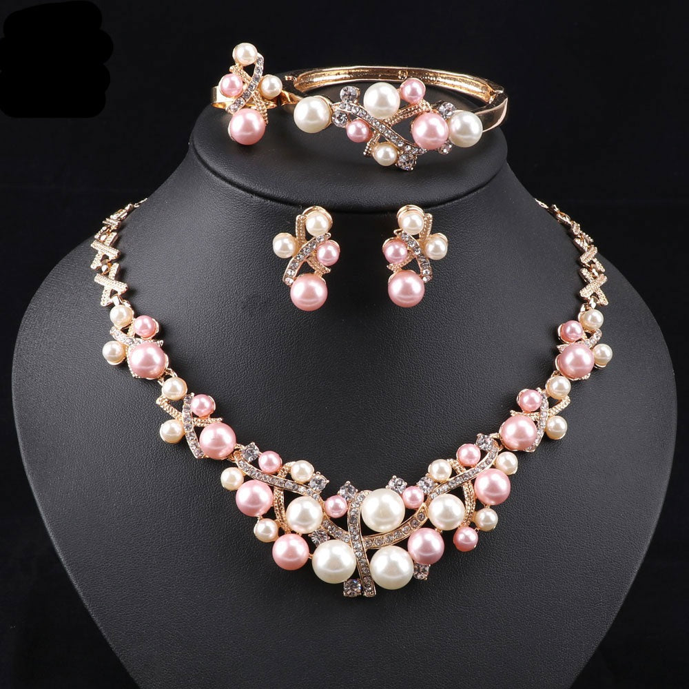 sengpan bridal jewelry set for wedding New Arrival Gold color Crystal Colorful Pearl Necklace Jewelry Set Women Imitation Wedding Fashion Pearl Jewelry