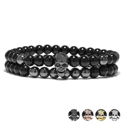 sengpan One Sets 6mm Black Energy Yoga Skull Charm Bracelet For Men Women Natural Stones Buddhist Strand Beads Bracelets Jewelry