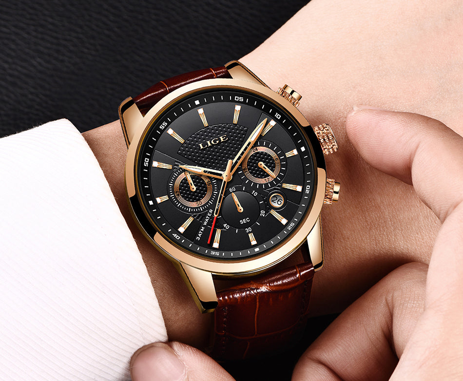 sengpan Men's Watches LIGE Top Brand Luxury Men Wrist Watch Leather Quartz Watch Sports Waterproof Male Clock Relogio Masculino+Box