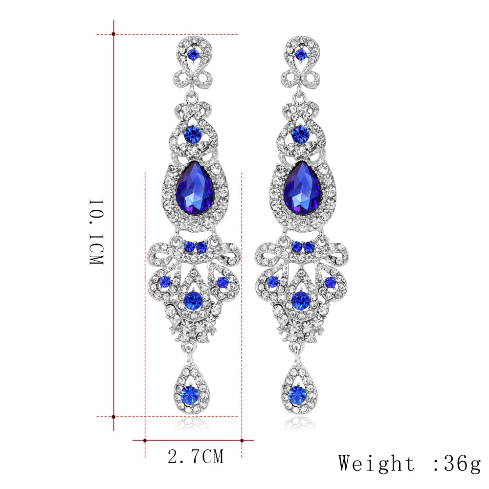 sengpan Clear/Red/Royal Blue Crystal Wedding Long Drop Earrings for Women Brides Earrings Prom Jewelry Gifts Femme Pendiente