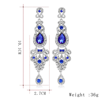 sengpan Clear/Red/Royal Blue Crystal Wedding Long Drop Earrings for Women Brides Earrings Prom Jewelry Gifts Femme Pendiente