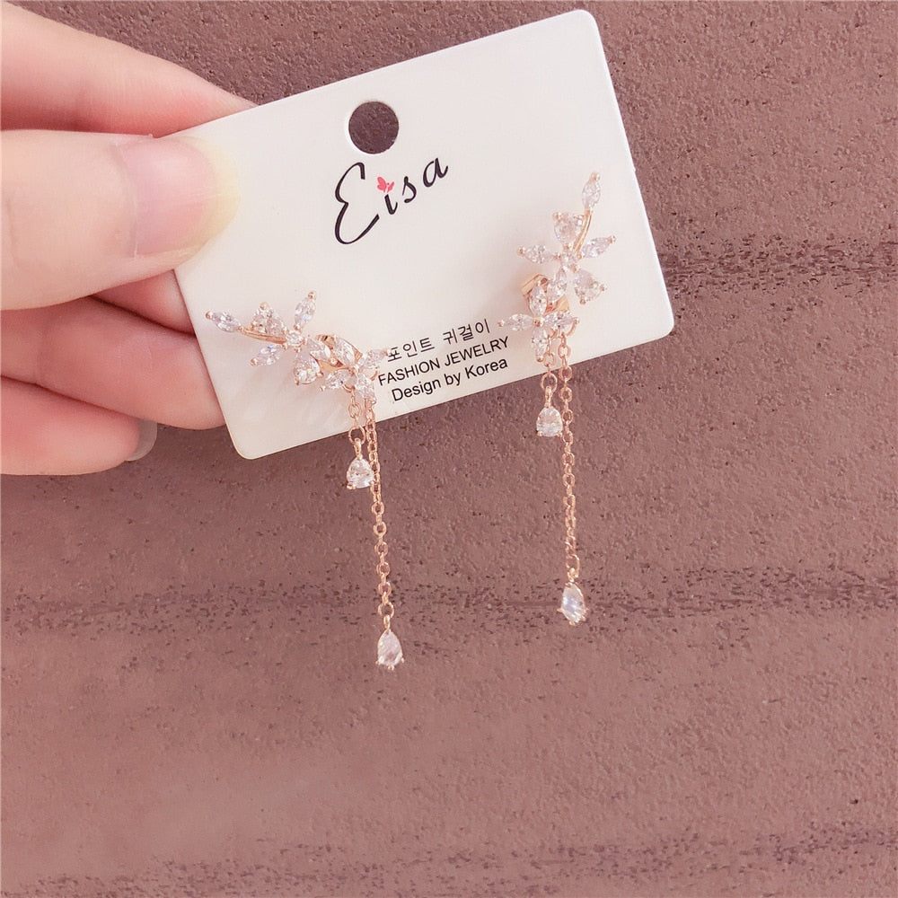 sengpan gifts for women  New Fashion Women Korean TV Star Cute Zircon Flower Drop Earrings Elegant Water Drop Long Line Pendientes Jewelry Girl Gifts