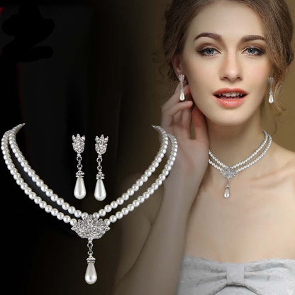 sengpan Elegant Simulated-pearl Bridal Jewelry Sets Rhinestone Pearl Drop NECKLACE+EARRINGS Wedding Jewelry Sets for Women Gifts