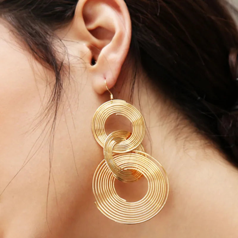 sengpan Punk Gold Colour Big Geometric 3 Circle Metal Long Dangle Earrings For Women Bohemian Party Exaggerated Fashion Jewelry