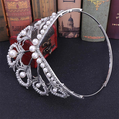 sengpan Women Big Round Shaped Tiara Crown Bridal Wedding Feather Shaped Beauty Hair Jewelry Girls Simulation Pearl Pageant Headpieces