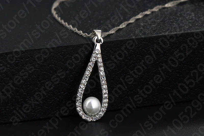 sengpan Real 925 Silver Needle Shiny CZ Crystal Water Drop Pearl Necklaces For Woman Fine Jewelry Wedding Earring Set Gift Hot