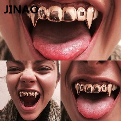 sengpan Gold Color Plated Hip Hop Teeth Grills Caps Hollow Heart Square Top&Bottom vampire teeth Grillz Set for Halloween Party