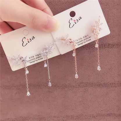 sengpan gifts for women  New Fashion Women Korean TV Star Cute Zircon Flower Drop Earrings Elegant Water Drop Long Line Pendientes Jewelry Girl Gifts