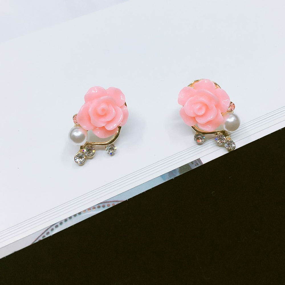 sengpan Korean Fashion Jewelry Exaggerated Earrings New Style Korean Women Ol Pink Rose Imitation Pearl Crystal Earrings Wholesale