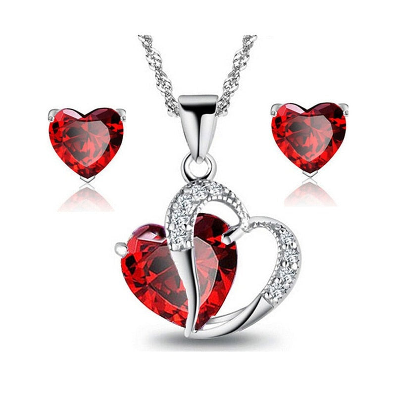 sengpan - Red/Purple/White Crystal African Jewelry Sets Silver Color Heart Rhinestone Bridal Necklace Earrings for Women Christmas Gift