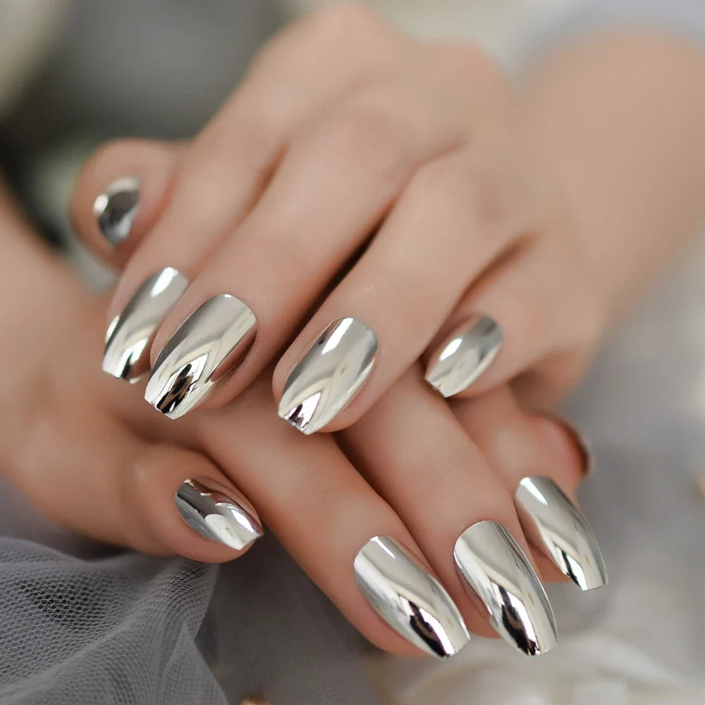 sengpan Bright Silver Artificial Mirror Nails Set Coffin Shaped Nail Metallic Chrome Acrylic Nail Kit with Adhesive Tabs