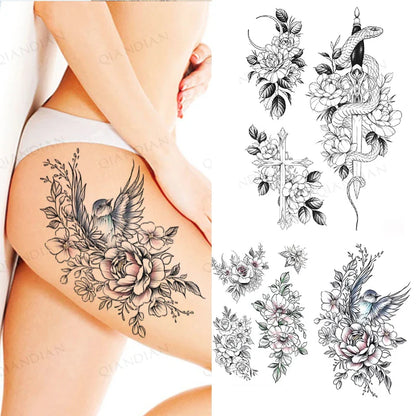 sengpan Black Flower Rose Waterproof Temporary Bird Snake Sexy Body Arm Leg Gem Henna Tattoo Fashion Big Fake Sleeve Sticker