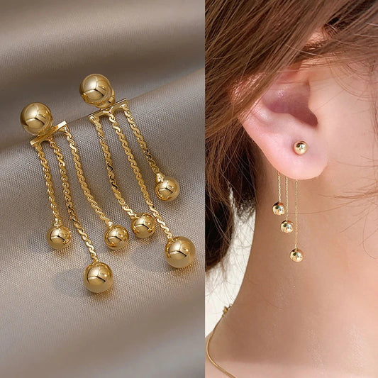 Lianfudai 2024 New Golden Pea Tassel Drop Earrings For Woman Korean Fashion Jewelry Party Neo Gothic Girls Unusual Ear Accessories