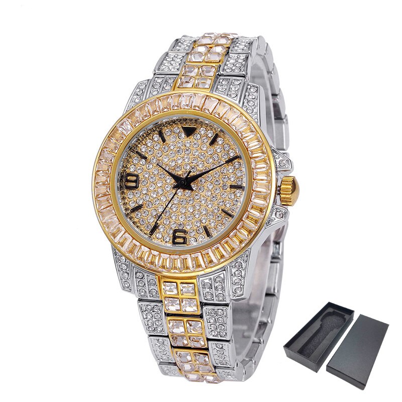 sengpan easter gifts for women  CZ Bling Diamond Men's Watch Role 18k Gold Plated Ice out Quartz Iced Wrist Watches for Men Male Waterproof Wristwatch Hours