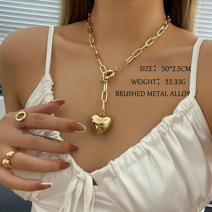 Lianfudai New Design Big Love Heart Brushed Alloy Metal Pendant Necklace for Women 2022 Creative Long Chain Clavicle Chain Fashion Jewelry