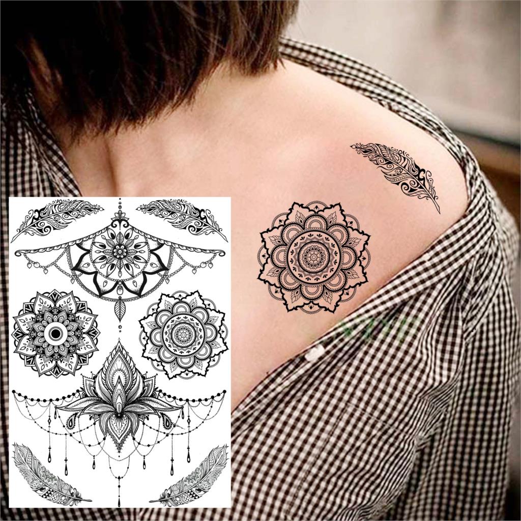 sengpan western jewelry for women Black Henna Lace Temporary Tattoos Sticker For WOmen Butterfly Moth Mehndi Flower Fake Tatoo Sticker Feather Flora Tatoo