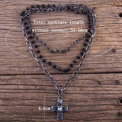 sengpan pearl necklace designs beaded necklace diy layered necklaces Fashion Bohemian Tribal Jewelry 3 Layer Multiple Black Glass Crystal Rosary Link & Chain Cross Pendant Necklaces