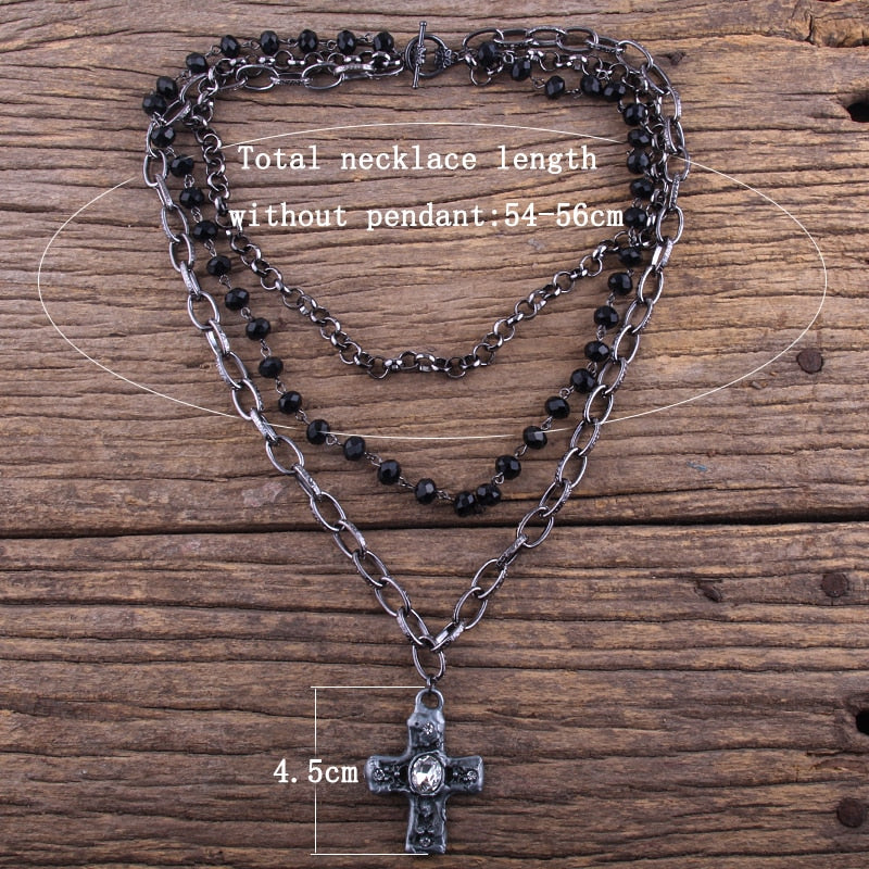 sengpan pearl necklace designs beaded necklace diy layered necklaces Fashion Bohemian Tribal Jewelry 3 Layer Multiple Black Glass Crystal Rosary Link & Chain Cross Pendant Necklaces