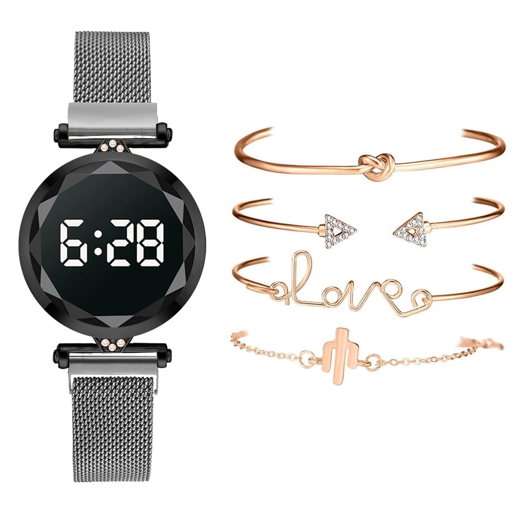 sengpan Christmas wishlist 5pcs Set Bracelet Watch Women Luxury Digital Magnet Rose Gold Stainless Steel Led Quartz Watches Relogio Feminino Dropshipping