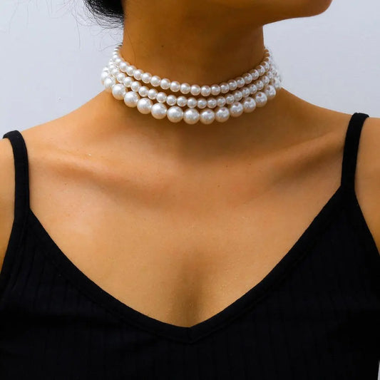 sengpan Multi-Layer White Imitation Pearl Necklace Bead  Chain Punk Ladies Wedding Short Clavicle Necklac Girl Charm Banquet Jewelry