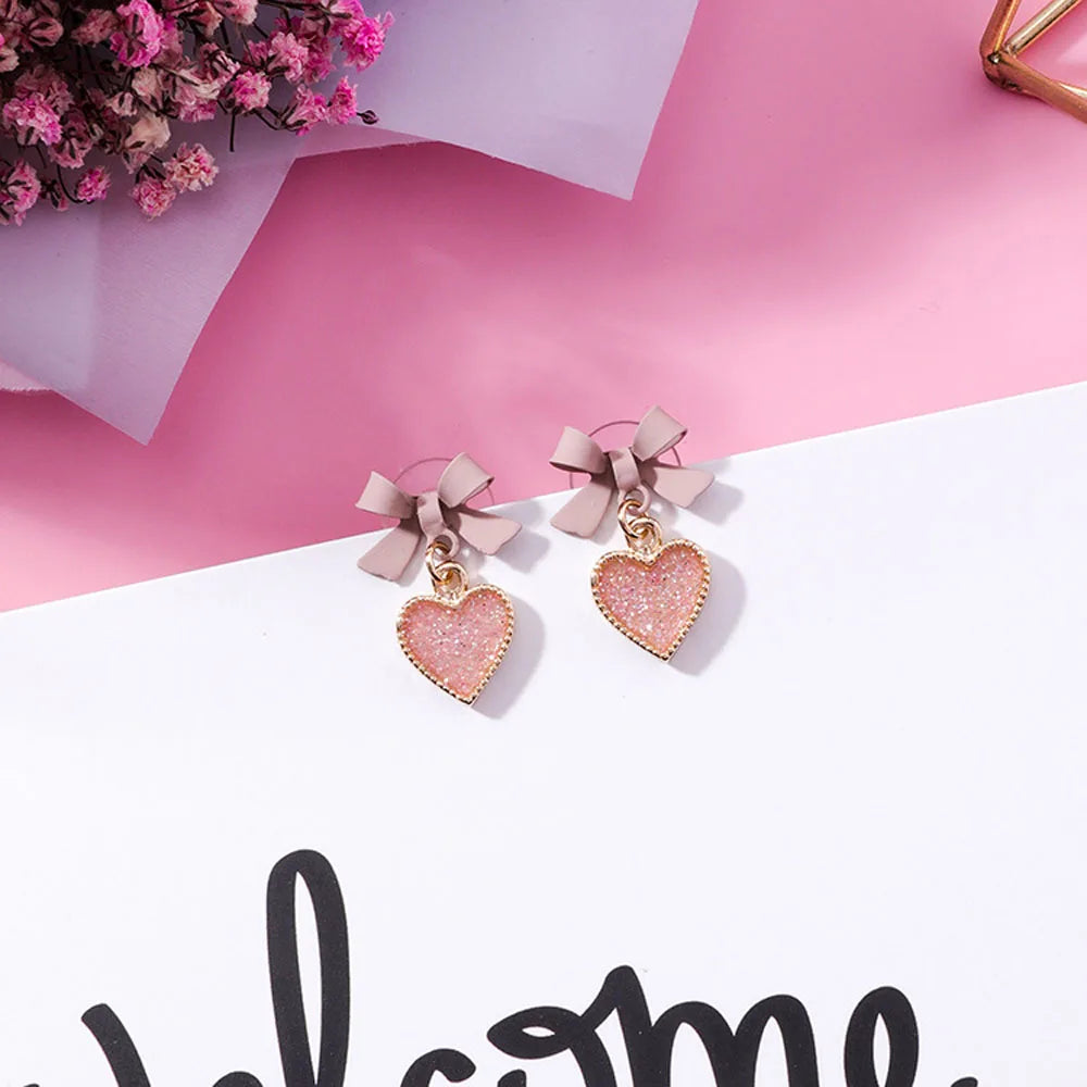 sengpan Bowknot Heart Resin Earrings Korean Classic Style Golden Peach Heart Stud Earrings For Woman Jewelry Valentine's Day present