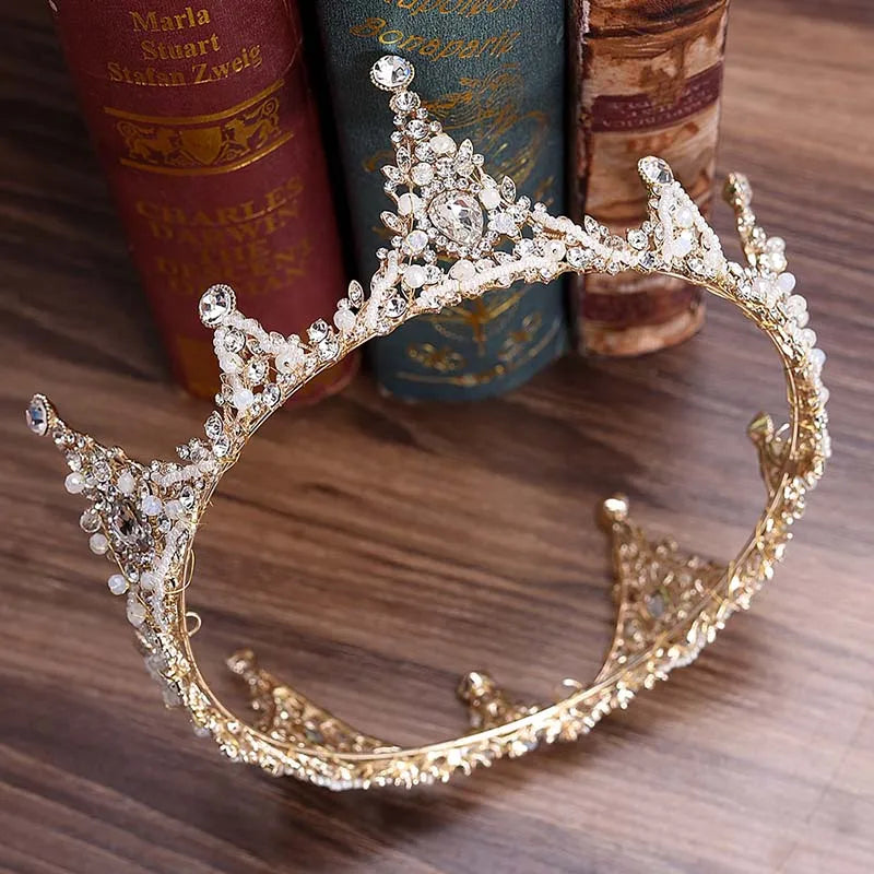 sengpan Baroque Bridal Crown Crystal Beads Full Round Tiara For Women Queen Diadem Wedding Hair Ornaments Jewelry Hair Accessories