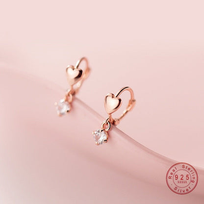 sengpan Real 925 Sterling Silver Minimalist Short Love Heart Round Zircon Stud Earrings for Fashion Women Couple Jewelry Gift