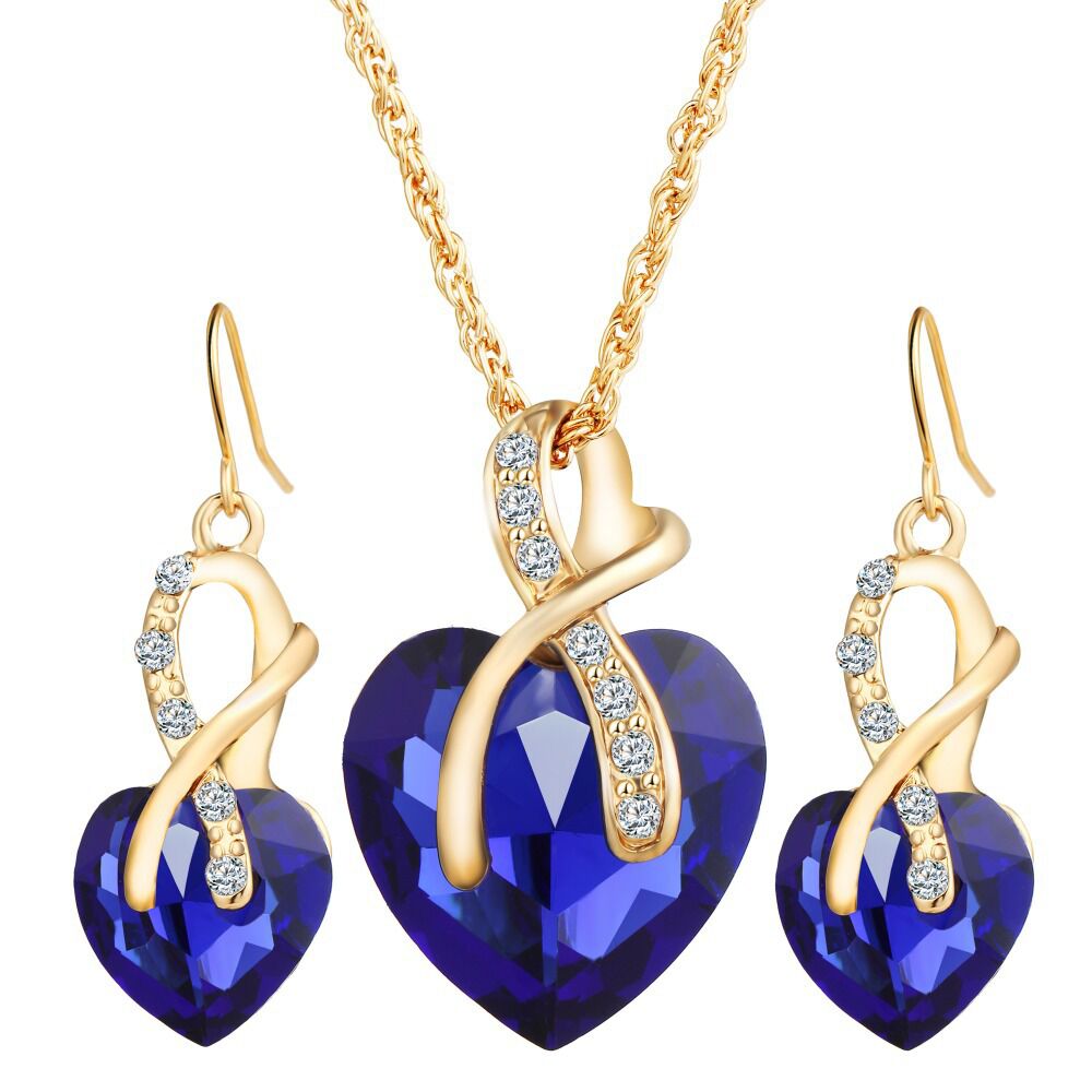 sengpan 18K Gold Romantic Heart of The Ocean Jewelry for Women CZ Crystal Necklace Earrings Set Bridal Wedding Accessories