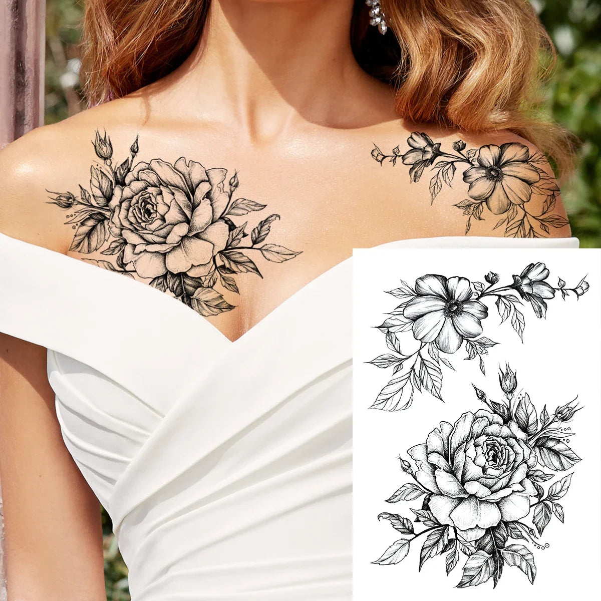 sengpan Sexy Flower Temporary Tattoos For Women Body Art Painting Arm Legs Tattoos Sticker Realistic Fake Black Rose Waterproof Tattoos