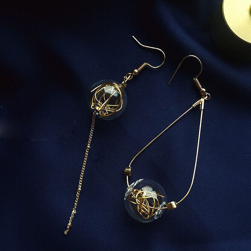 sengpan Unique Copper Wire Glass Ball Asymmetric Dangle Earrings For Women Original Handmade Brass Vintage Drop Long Earings