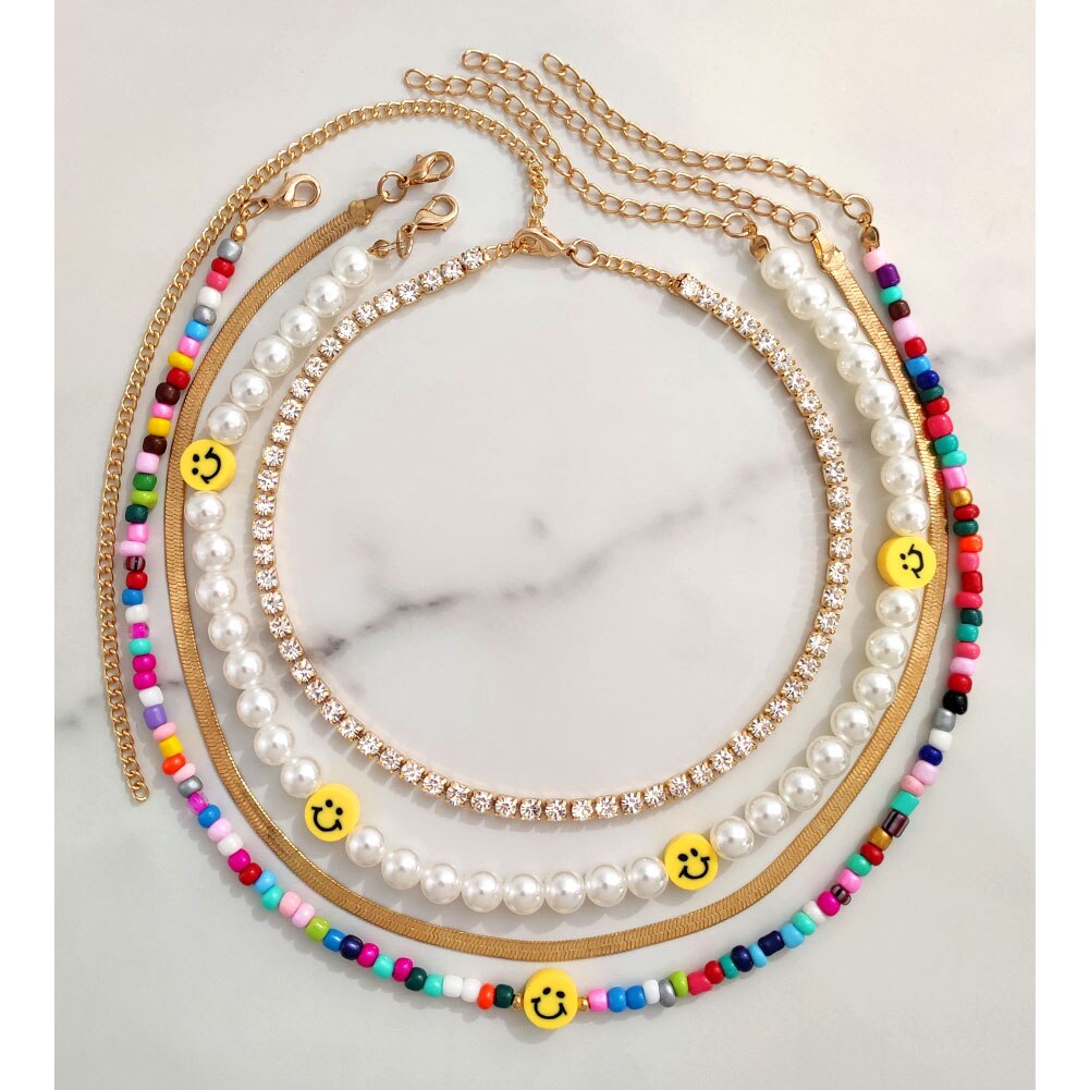 sengpan Christmas gifts ideas Boho Multilayered Yellow Daisy Seed Beads Choker Necklace Smiley Pearl Beaded Necklaces For Women Handmade Strand Travel Jewelry