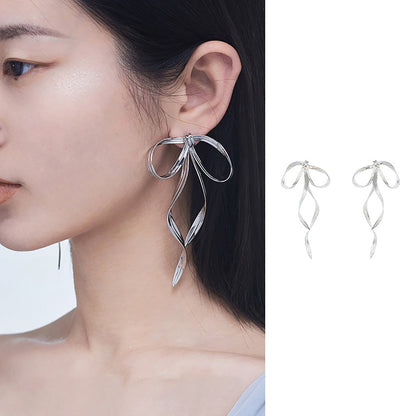 sengpan Korean Design Fashion Simple Silver Color Metal Line Bow Earrings Elegant Big Long Bowknot Drop Earrings Female