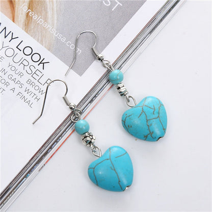 sengpan Disaster Prevention Jewelry Women Drop Earrings Jewelry Retro Simple Heart Shape Engraving Stone Turquoised Earrings Features Texture Stone Earring