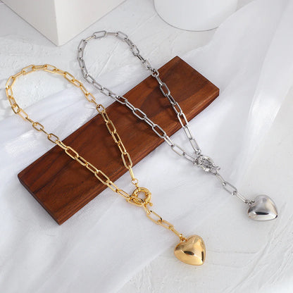 Lianfudai New Design Big Love Heart Brushed Alloy Metal Pendant Necklace for Women 2022 Creative Long Chain Clavicle Chain Fashion Jewelry