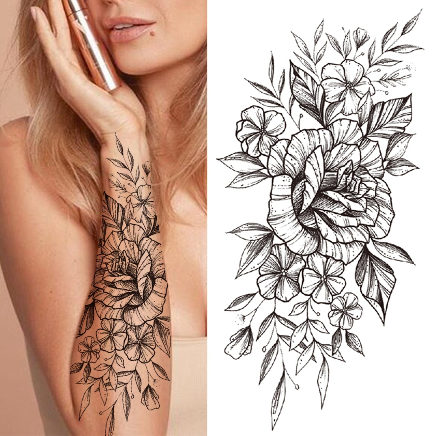 sengpan Black 3D Rose Temporary Tattoo For Women Girls Adult Peony Dahlia Flower Tattoos Sticker Black Flora Glory Geometric Arm Tatoos