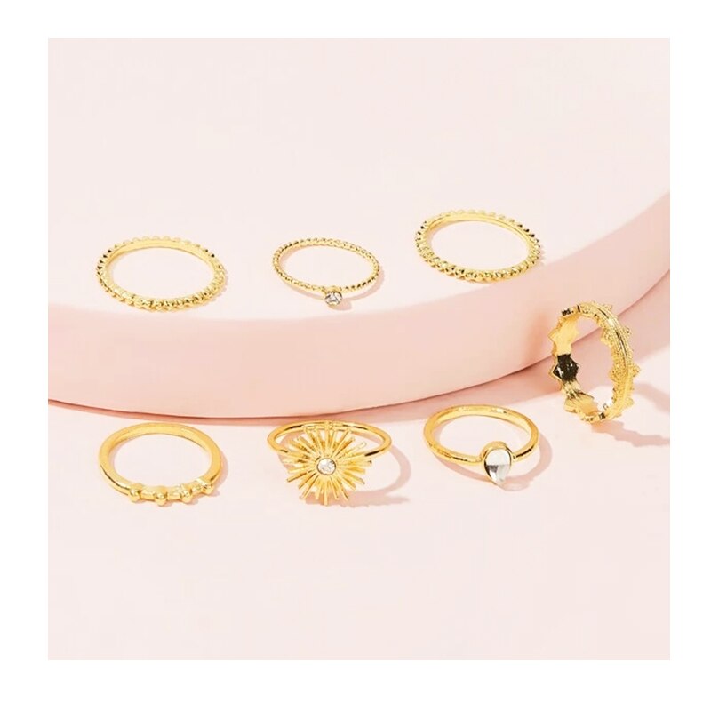 sengpan easter gifts for women 7Pcs/ Set Boho Women Rings Set Rhinestone sun shape  Vintage gold Midi Ring set Charm Lady Lover Gift  J010