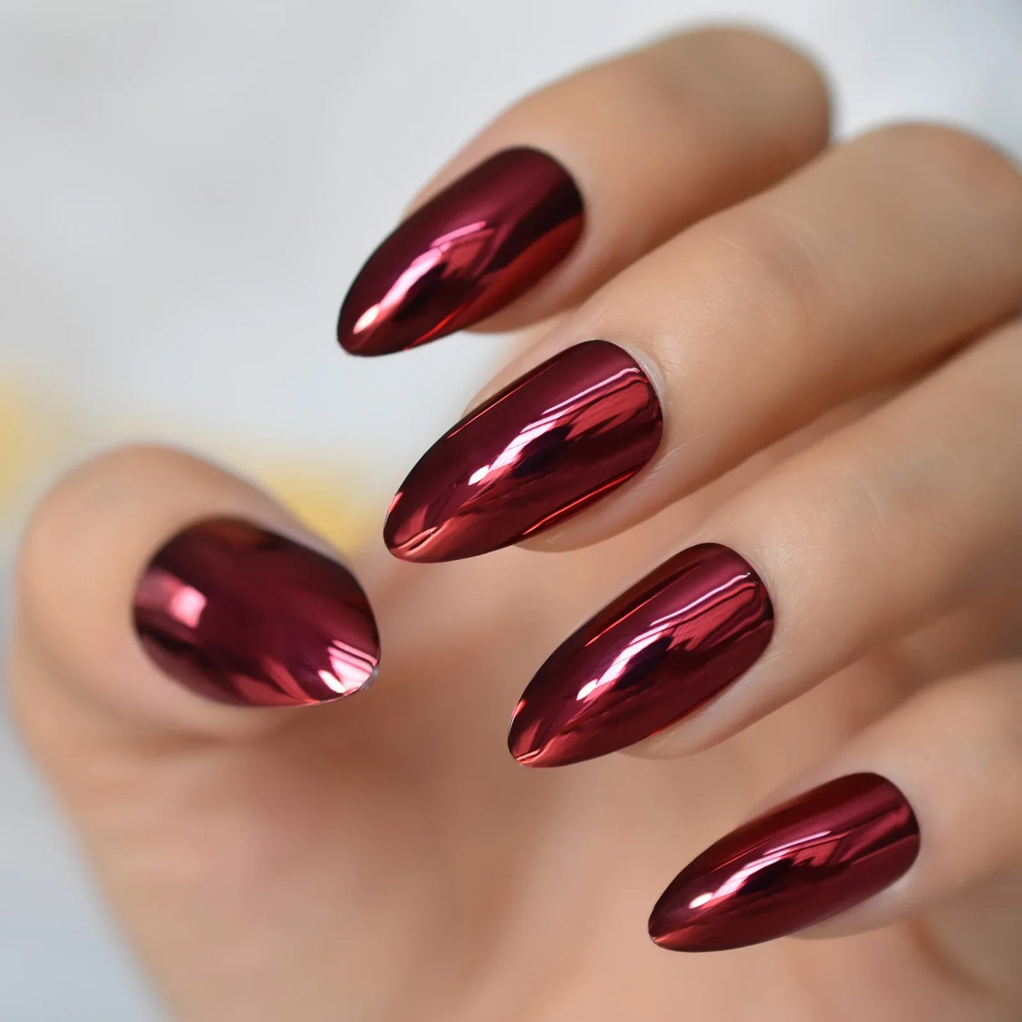 sengpan Mirror Red Color Metallic Press on Nail Stiletto  Metal Punk Oval Sharp end Full False Fake Nail Tips Salon Bride Wear Nails Art