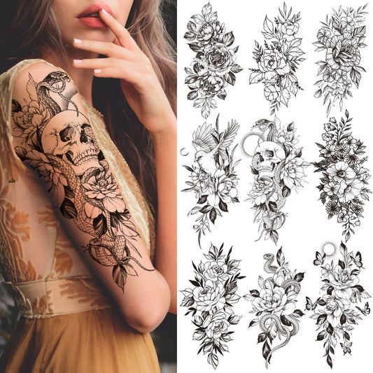 sengpan Death Skull Flower Temporary Tattoo For Women Girls Snake Bird Peony Tattoo Sticker Black Fake Blossom Sexy Tatoo Transfer Adult