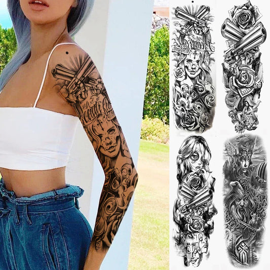 sengpan Sexy Full Arm Temporary Tattoos Sticker For Women Men Adult Gun Nun Vines Realistic Fake Tattoo Sleeves Large Tatoos Paste