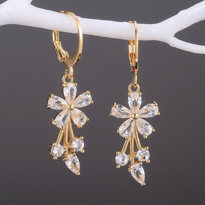 sengpan Luxury Gold Color Flower Shape Women Drop Earrings Inlaid Shiny Cubic Zirconia Top Quality Fashion Banquet Party Jewelry