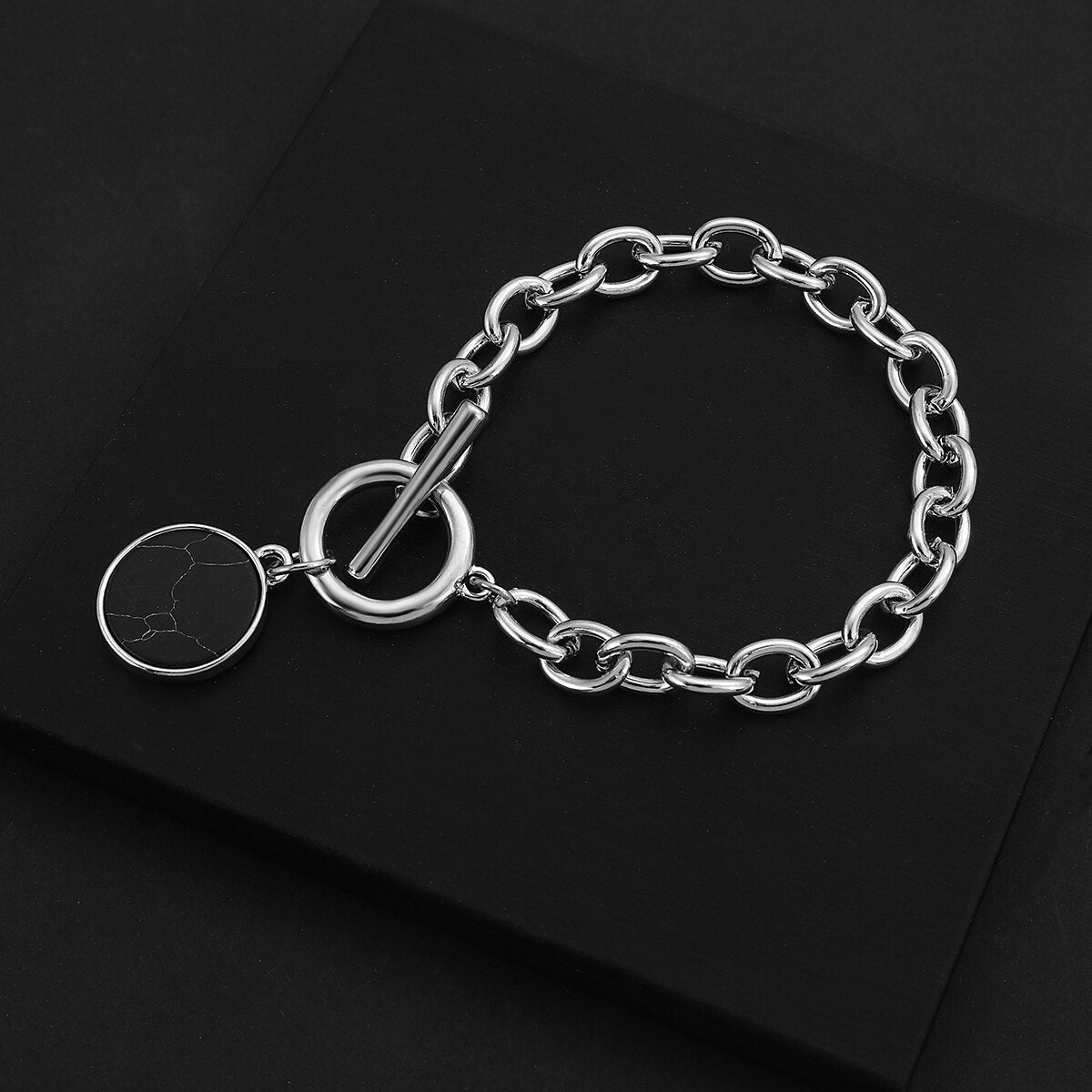 sengpan Punk Silver Color Black Stone Round Pendant Bracelet Retro Hip Hop Men Women Thick Chain Bracelet Female Couple Jewlery