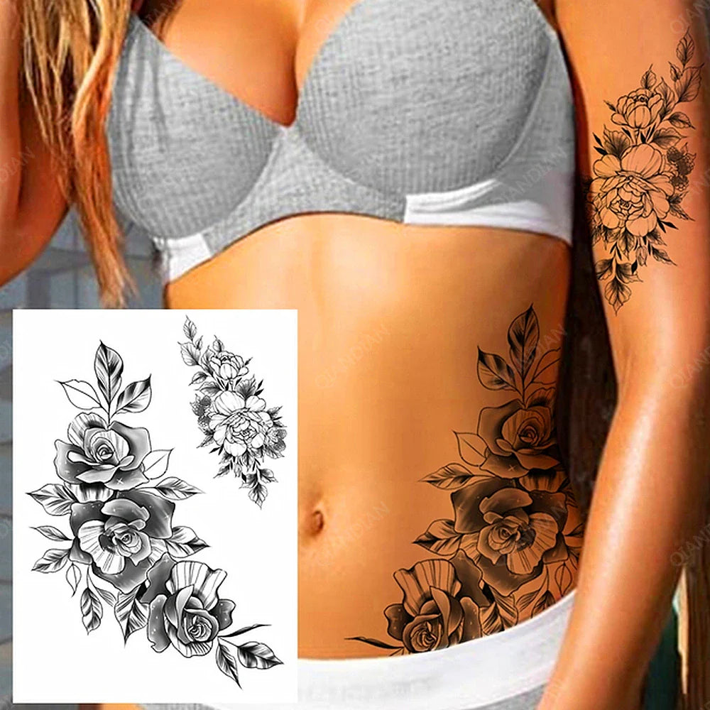 sengpan Black Flower Rose Waterproof Temporary Bird Snake Sexy Body Arm Leg Gem Henna Tattoo Fashion Big Fake Sleeve Sticker