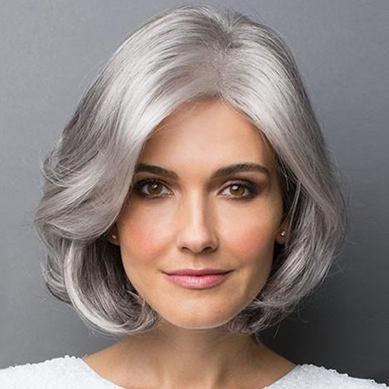 sengpan Mother's Wig Gray Color Curly Bob Wigs Women's Fashion Heat Resistant Short Synthetic Natural  Wavy Hair Wigs for Mommy Peluca