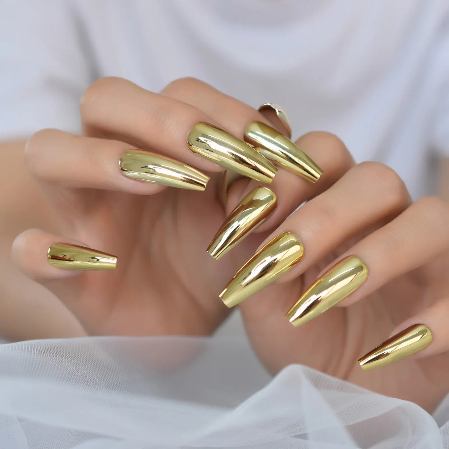 sengpan Metallic Coffin Nail Tips False Nails Long Ballerina Gold Mirror Fake Nails Press On Full Set For Fingernail Decorations