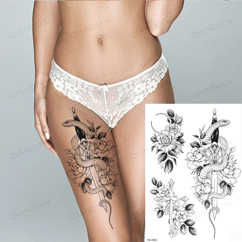 sengpan Black Flower Rose Waterproof Temporary Bird Snake Sexy Body Arm Leg Gem Henna Tattoo Fashion Big Fake Sleeve Sticker