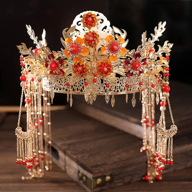 sengpan Retro Chinese Headdress Crown Headband Catwalk Stage Wedding Hair Accessories Pearls Beaded Tassel Tiaras Earring Hair Jewelry