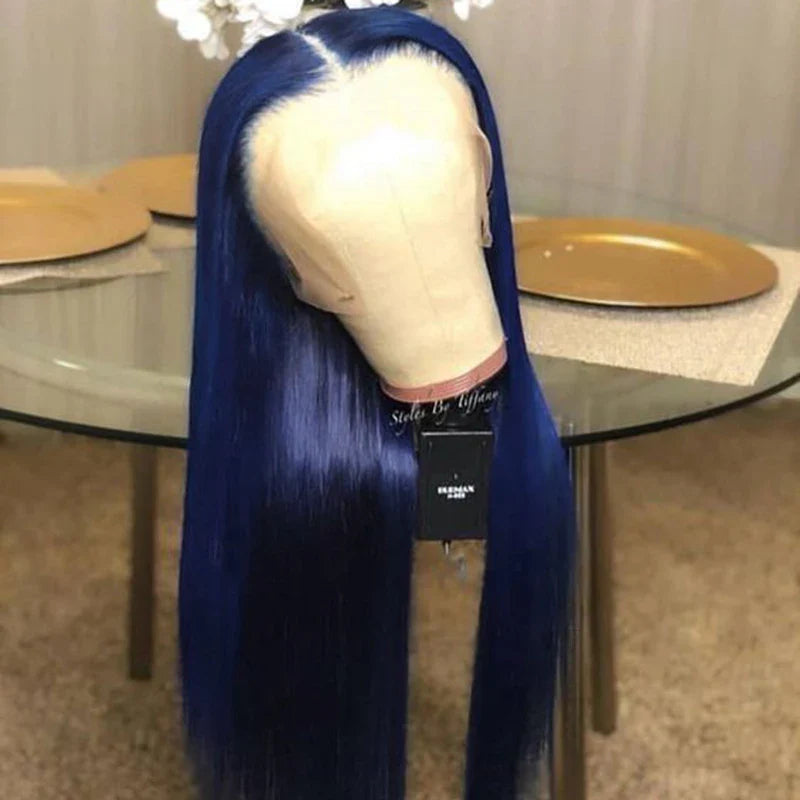 sengpan Blue 180% Density 26 Inch Long Straight Synthetic Lace Front Wig For Black Women Babyhair Preplucked  Daily Cosplay